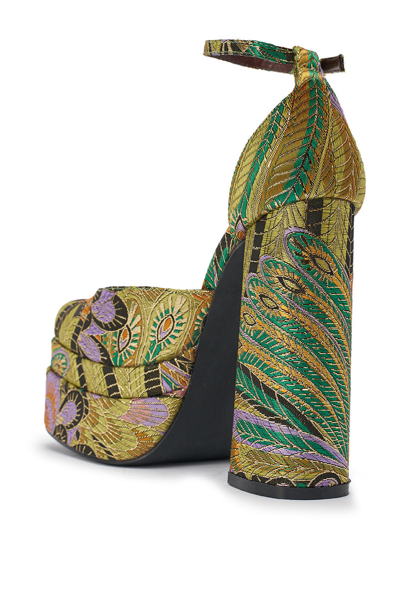 AZALEA WANG ZIPPHORA GREEN MULTI BROCADE PLATFORM PUMP